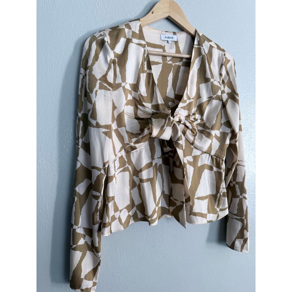 PARKER white tan fawn abstract bell sleeve boho bow front silky blouse top - Picture 3 of 8